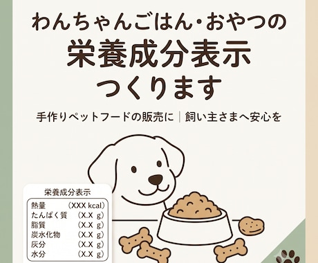 犬用おやつ・ごはんの栄養成分を計算し表にします わんちゃんフード、おやつの販売に|成分の見える化で安心を イメージ1