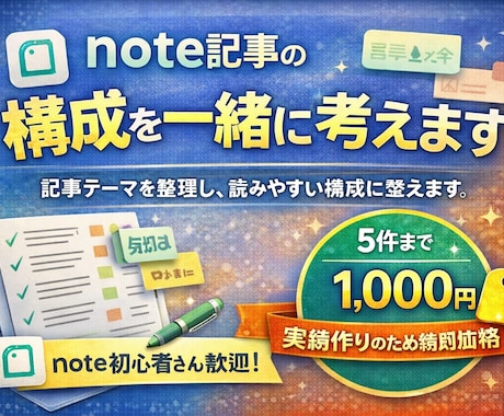 note記事の構成を一緒に考えます 書きたいことを整理して、読みやすい構成に整えます。 イメージ1