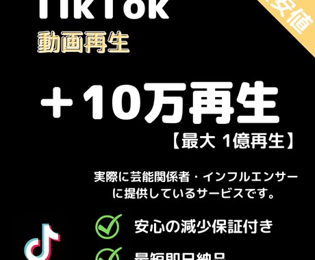 TikTok★動画+10万再生増加します 【最高品質】最短即日納品｜最大1億再生｜宣伝・拡散 イメージ1