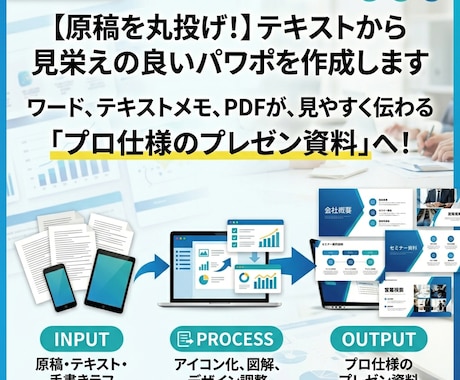テキストから見やすいパワーポイントを作成します パワポ作成の時間をゼロに。原稿だけで資料化を代行します。 イメージ1