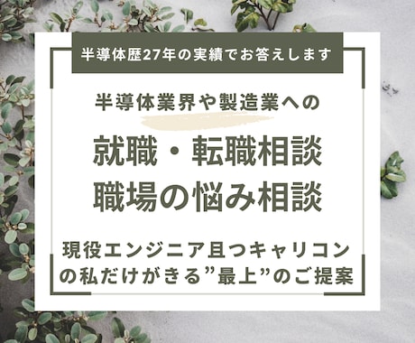 半導体＆製造メーカーへの就転職相談を丁寧に受けます 半導体エンジニア歴27年のキャリアコンサルタントが答えます イメージ1