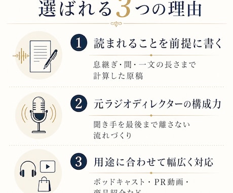 元ラジオディレクターが"聞かせる"原稿を書きます ポッドキャスト・PR動画向け／読み上げを前提に構成します イメージ2
