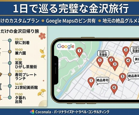 金沢1日攻略！爆速タイパ×美食旅プランを作成します 移動の無駄ゼロ! Google Mapピン&行程表付き イメージ2