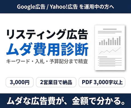 現役運用者がリスティング広告アカウントを診断します 管理画面のCSVを送るだけ。翌々日にPDFレポート納品 イメージ1