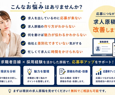 応募が増える求人原稿に改善します 採用経験10年のプロが、応募につながる求人原稿を作成します。 イメージ2
