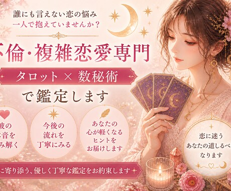 不倫・複雑恋愛専門 タロット×数秘術で鑑定します 誰にも言えない恋の悩みを鑑定します イメージ1
