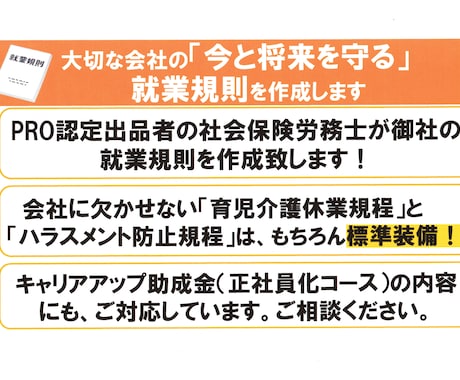 大切な会社の『今と将来を守る』就業規則を作成します PRO認定の社会保険労務士が御社の就業規則を作成いたします イメージ1