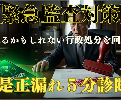 緊急：行政処分を回避。是正漏れ5分診断します 逃げ切れると思ったか？ 監査の足音は、すぐそこまで来ている。 イメージ1