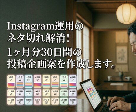 インスタ運用のネタ切れ解消！投稿企画案を作成します 「次は何を投稿すればいい？」その悩み、30日分まとめてゼロに イメージ1