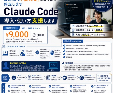 Claude Code導入・使い方支援します 3時間×3で普段から「使える」ところまで伴走します イメージ1