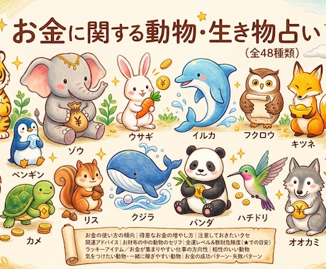 お金の本能がわかる♪あなたのお金の使い方占いをます あなたのお金の本能を動物や生き物にたとえて診断します イメージ1