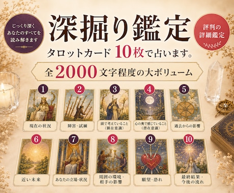 深掘り鑑定！タロットカードを10枚使い占います 全体運・恋愛運・仕事・お金の流れ・出会い・人間関係などを鑑定 イメージ1