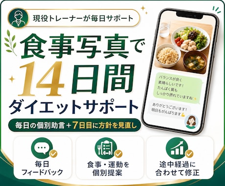 食事写真で14日間ダイエット伴走します 現役トレーナーが毎日個別助言＆途中で軌道修正で安心！ イメージ1