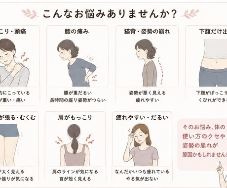 肩こり腰痛が気になる方体の使い方をアドバイスします 現役理学療法士が動画や写真で身体の使い方をチェックします！ イメージ2