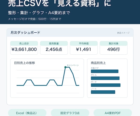売上CSVを整形し、グラフ付きExcelにします 500行まで。Excel＋A4要約PDFを納品 イメージ1