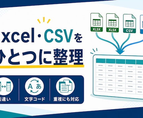 複数のExcel・CSVを1つにまとめます 列違い・文字コード・重複も整理して納品 イメージ1