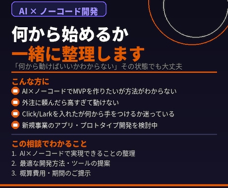 AI×ノーコード開発何から始めるか一緒に整理します MVP開発・AI×ノーコード活用の方向性をご一緒に整理します イメージ1
