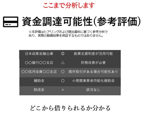 資金調達の可能性を徹底診断します 融資・補助金・助成金を総合分析 イメージ2