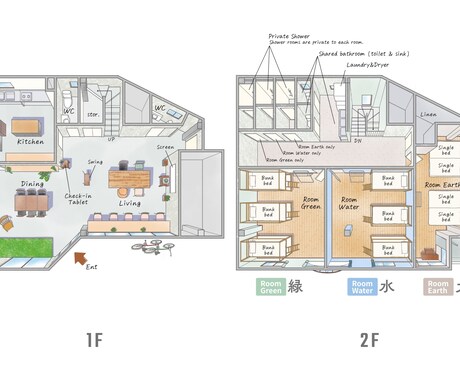 立体間取り図｜民泊の家具付き図を魅力的にします 一級建築士による手書きイラストで差別化を イメージ2