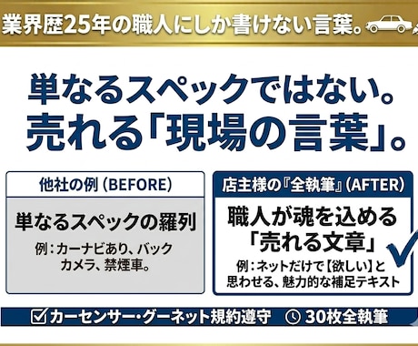 25年のプロが中古車キャプション30枚を代筆します 成約率が変わる現場の言葉。熟練職人が放つ渾身の一筆 イメージ2