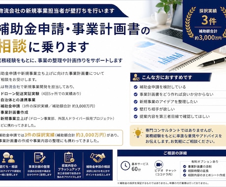 補助金申請や事業計画書作成の相談に乗ります 物流会社の新規事業担当者が壁打ちを行います イメージ1