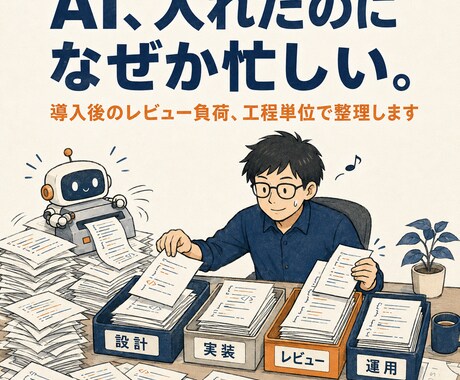 AI駆動開発の始め方とレビュー負荷を整理します 何から始める? 導入後のレビュー負荷? 整理から始めます イメージ1