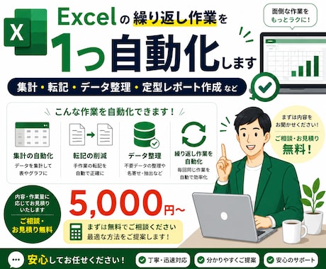 Excelの繰り返し作業を1つ自動化します 集計・転記・データ整理など、毎回の手作業をラクにします イメージ1