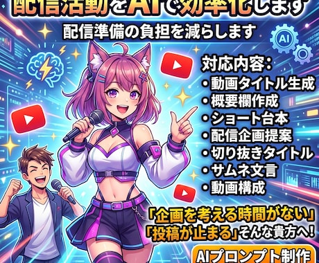 配信活動をAIで効率化します 概要欄の文章作成や企画の提案など配信準備の負担を減らします イメージ1