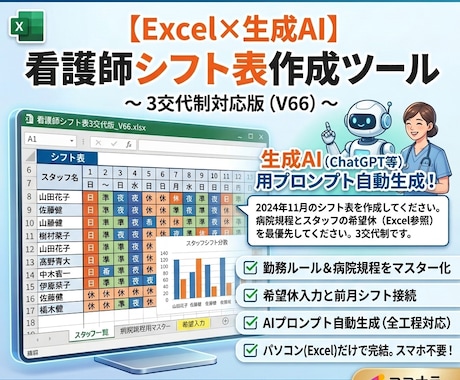 看護師シフト表をExcel×生成AIで作成します 生成AIとエクセルで師長の負担を劇的に減らすツール イメージ1