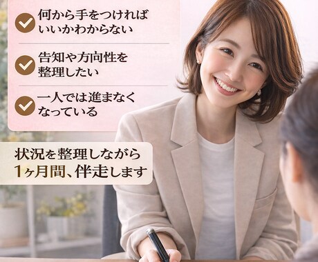 1人で考え続け止まってしまった方、1ヶ月伴走します 告知や募集の言葉で手が止まっていませんか？一緒に整理します！ イメージ1