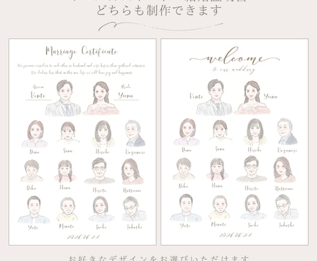 ゲスト全員を描く似顔絵ウェルカムボードを作成します 家族婚・親族婚・少人数婚にも｜結婚証明書にも対応 イメージ2