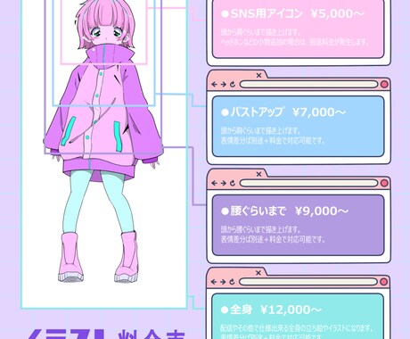 90年代レトロポップなイラストを作成します Vtuber立ち絵デザイン、サムネ等々諸々対応可能です イメージ2