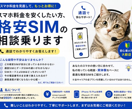 スマホ料金を安くしたい方、格安SIMの相談乗ります あなたの格安SIMデビューをサポートします！ イメージ1