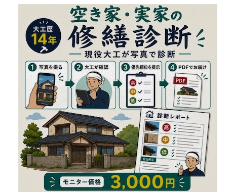 空き家・実家の傷みを大工歴14年が写真で診断します 写真を送るだけ。大工歴14年が優先順位をレポート納品 イメージ1