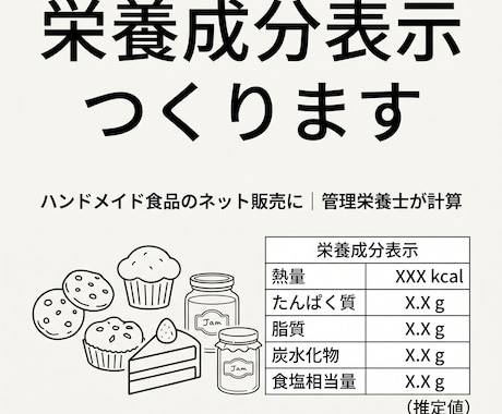 食品販売用の栄養成分表示を管理栄養士が作成します ハンドメイド食品のネット販売に|推定計算でラベル費用を節約 イメージ1