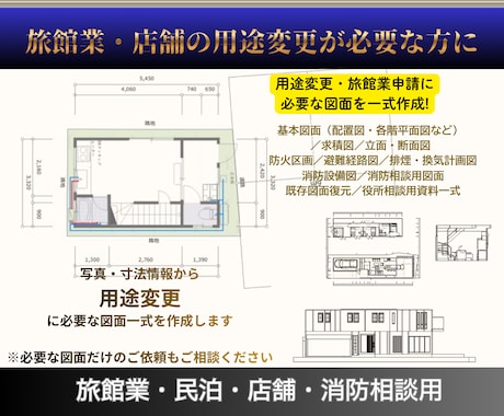 用途変更に必要な申請図面を一式全て作成します 設計図面がない建物も写真・寸法情報・マイソク図から対応します イメージ1