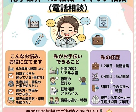 化学業界への転職・キャリア相談に乗ります 転職経験者が化学業界のリアルをお話しします イメージ1