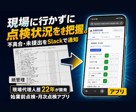建設現場の始業前点検・月次点検をアプリ化します 紙の点検と転記をアプリで効率化 イメージ1