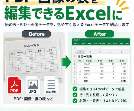 PDF・画像の表をExcelデータに整えます 紙の表も、編集できるExcelにします イメージ1