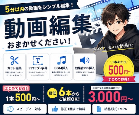 動画編集500円！カット・テロップ・BGM入れます 5分以内の動画をシンプル編集！6本3,000円～承ります イメージ1