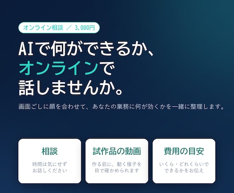 AIで何ができるかオンライン通話で整理します 3000円で時間を気にせず相談。プロトタイプも作れます イメージ1