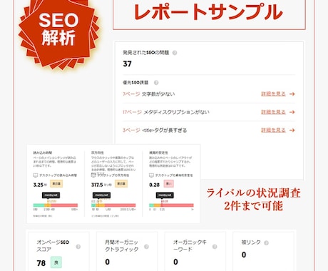 WEBサイト診断レポートで内部改善点をご提供します ホームページが検索結果の上位に表示されない原因を分析します。 イメージ2