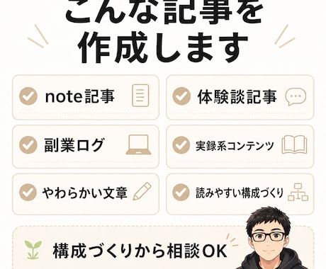 note・ブログの体験談や副業の記事を作成します 書きたい経験、記事に整えます。 イメージ2
