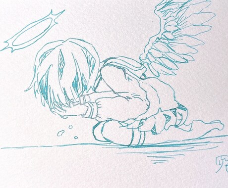 アナログで1発描きでかわいい女の子描きます つけペン、青いインクで儚げな女の子描きます！ イメージ2