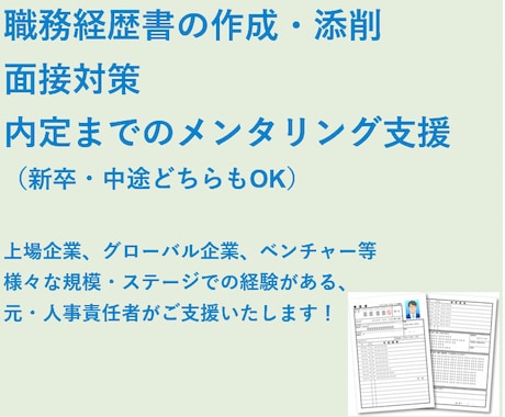 新卒採用・転職時の書類作成・添削、面接対策をします 元人事責任者が皆さまと採用企業側の両視点でご支援いたします！ イメージ1