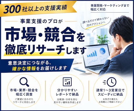 300社超の支援実績で市場・競合調査を代行します 事業・営業目線で市場・競合を徹底リサーチ イメージ1
