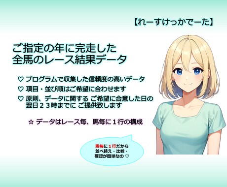 競馬☆ レース結果データ １年分を提供します データを活用して、予想の的中率と回収率をアップしましょう！ イメージ2