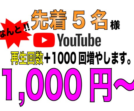 YOUTUBE再生回数を+1000まで再生させます 限定5名様に限り超格安提供。この機会をお見逃しなく。 イメージ1