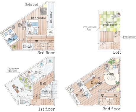 ふんわり美しい手描き風間取り図を作成します 戸建マンション店舗民泊などに。オリジナル家具や床材対応します イメージ2