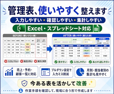 Excel管理表を使いやすく整えます 入力・確認・集計しやすい表にします イメージ1